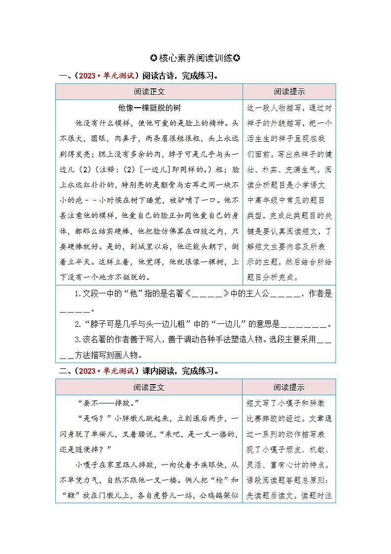 统编版小学语文五年级下册单元核心素养阅读练习第五单元 人物描写（课内阅读）（含答案）第2页