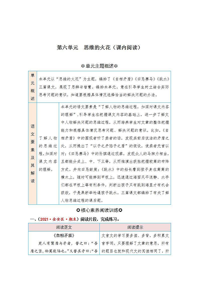 统编版小学语文五年级下册单元核心素养阅读练习第六单元 思维的火花（课内阅读）（含答案）第1页