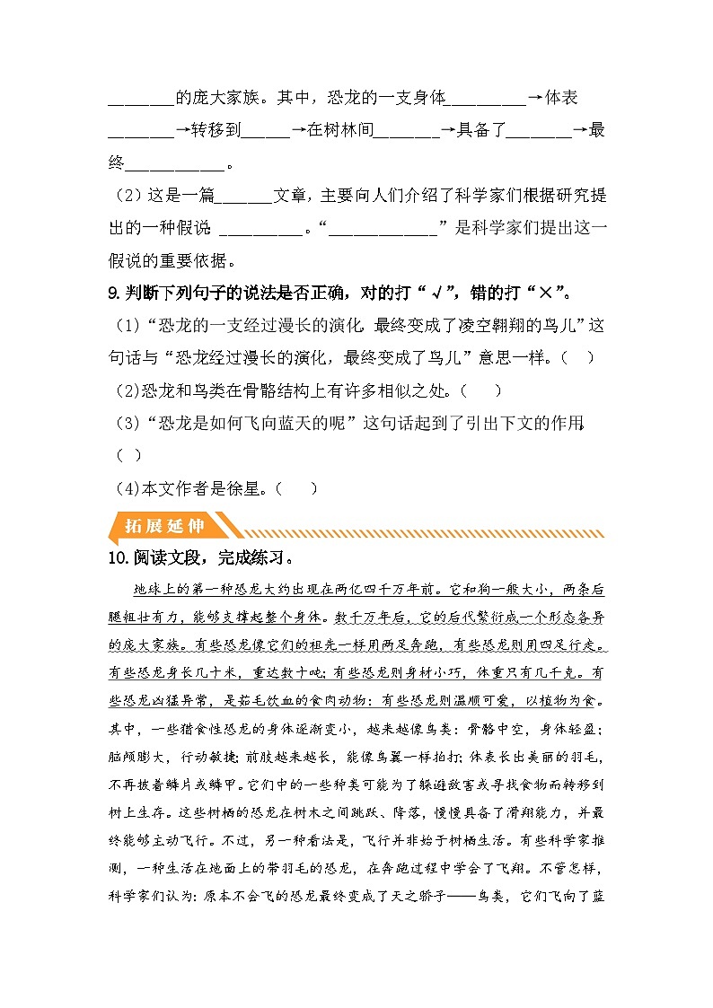 统编版小学语文四年级下册分层作业课时练习第6课 飞向蓝天的恐龙（含答案）第3页