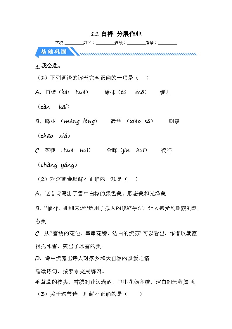 统编版小学语文四年级下册分层作业课时练习第11课 白桦（含答案）01