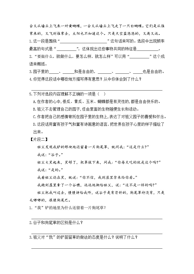 统编版小学语文五年级下册分层作业课时练习第2课 祖父的园子（含答案）第3页