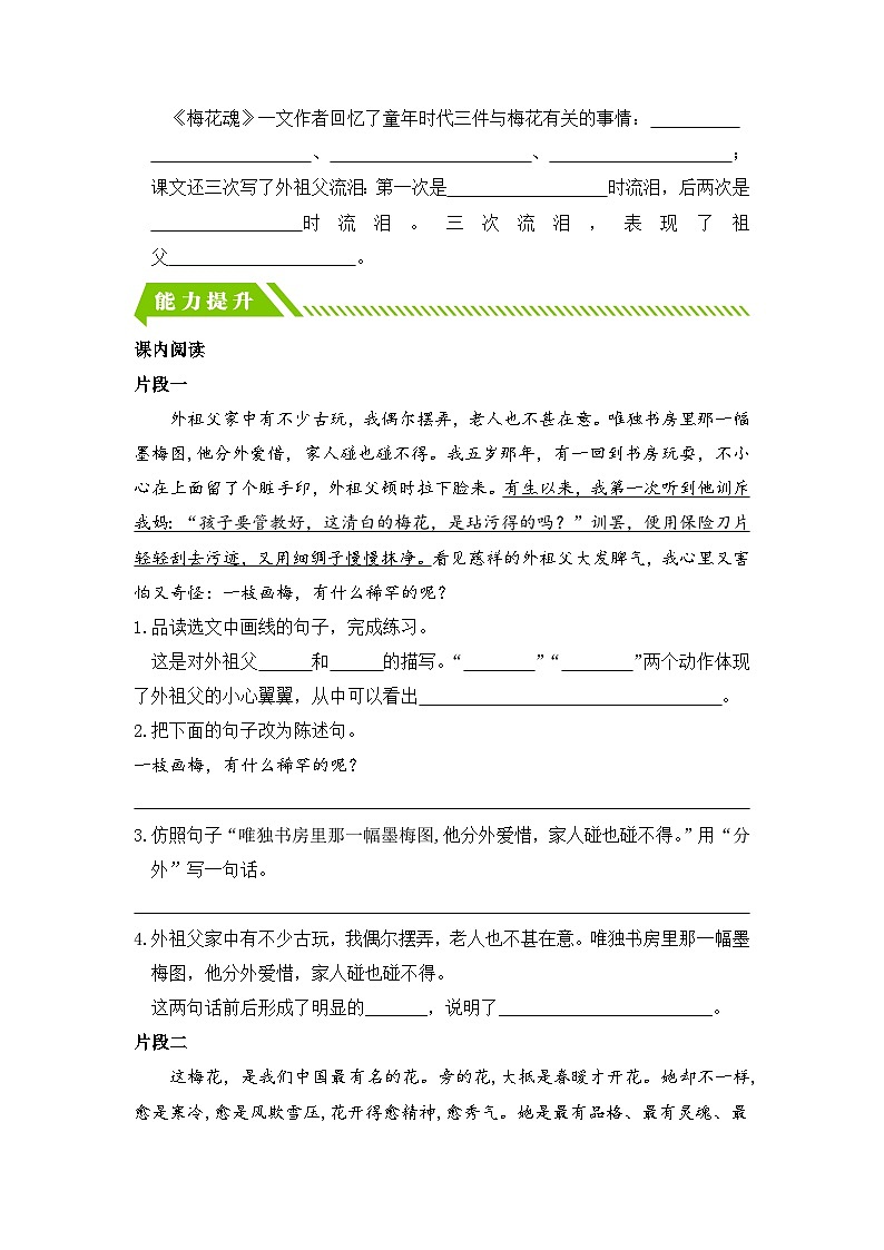 统编版小学语文五年级下册分层作业课时练习第4课 梅花魂（含答案）第2页