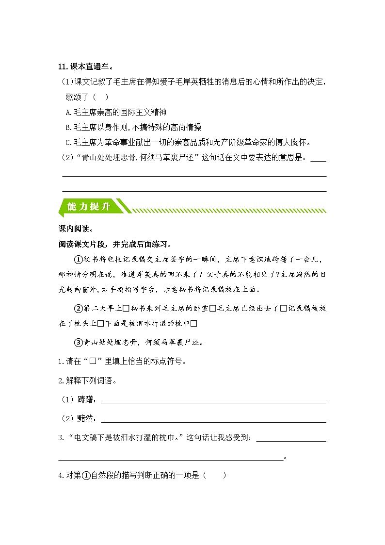 统编版小学语文五年级下册分层作业课时练习第10课 青山处处埋忠骨（含答案）第3页