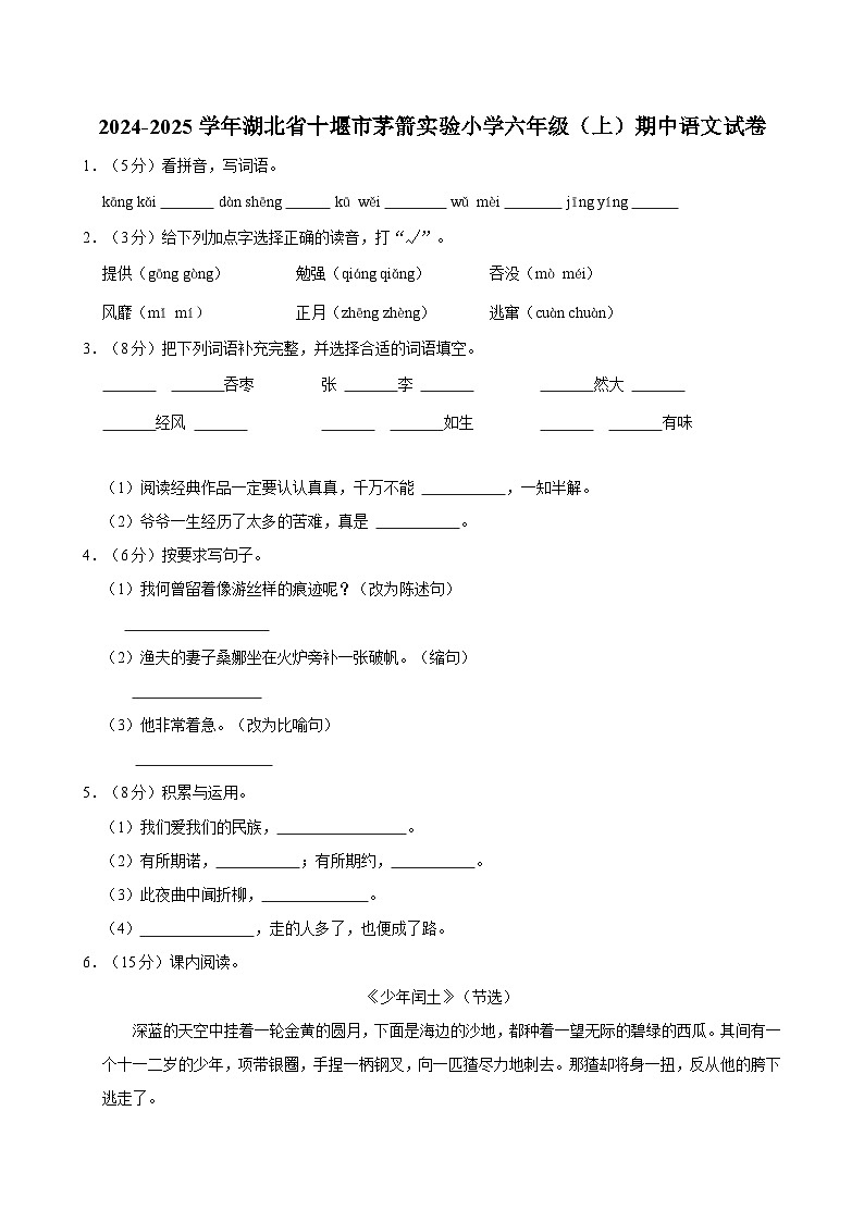 2024-2025学年湖北省十堰市茅箭实验小学六年级（上）期中语文试卷01
