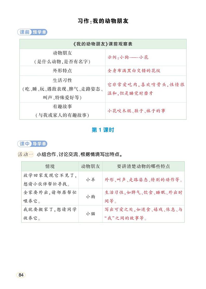人教部编版语文四年级下册 习作：我的动物朋友 学习单 （教用）第1页