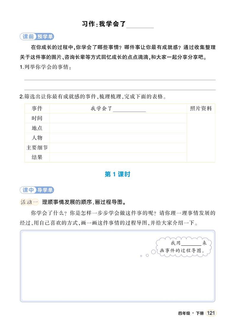 人教部编版语文四年级下册 习作：我学会了________ 学习单（学用）第1页