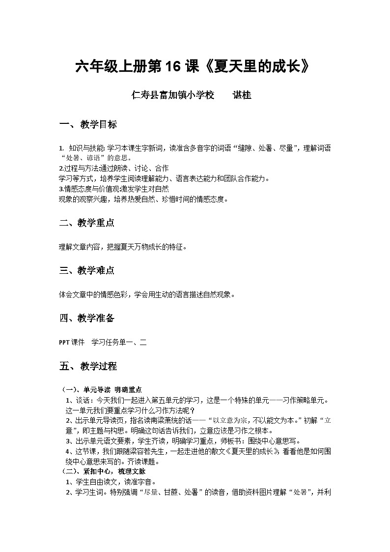 《夏天里的成长》教案第1页