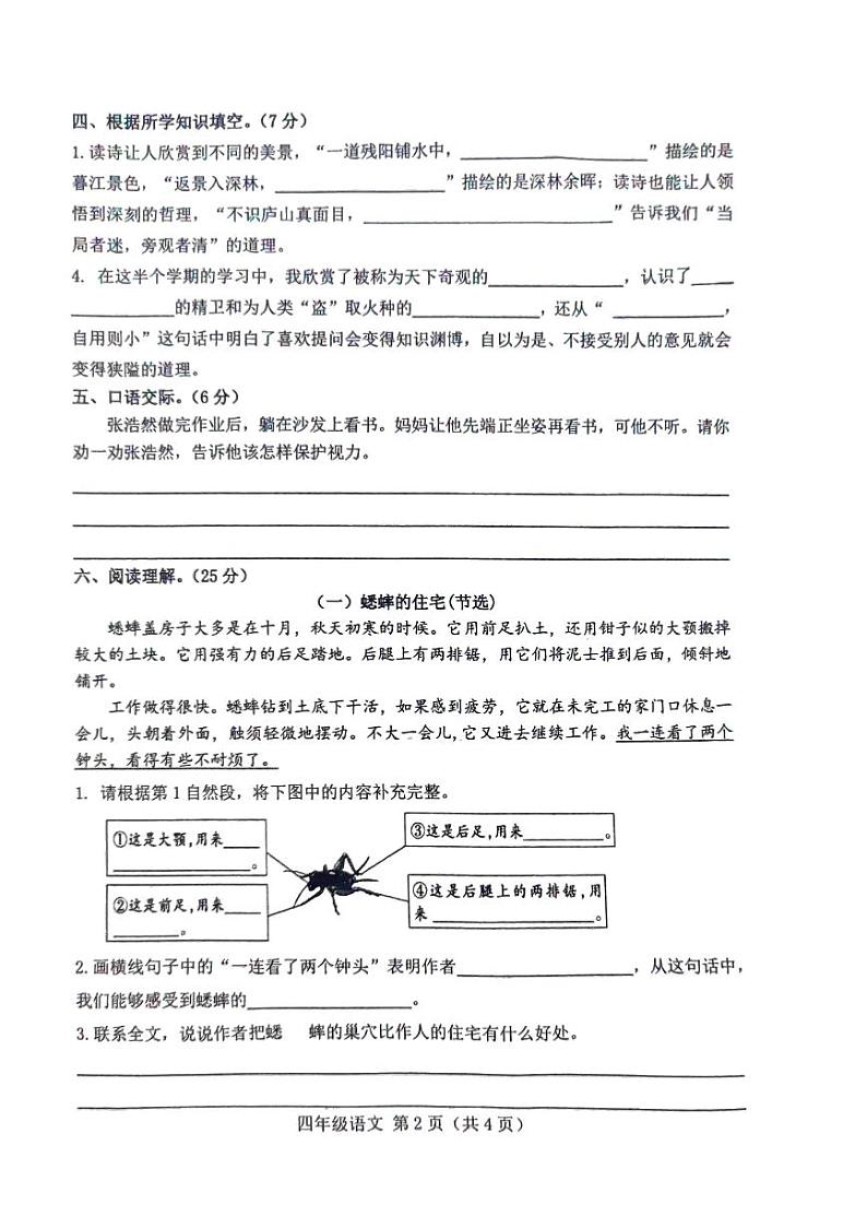 河北省唐山市玉田县2024-2025学年四年级上学期期中考试语文试题第2页
