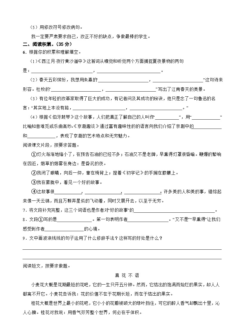 广东省汕头市潮南区2023-2024学年六年级上学期期末语文检测卷(B)第2页