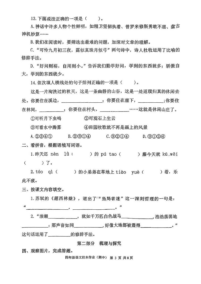 福建省南平市延平区多校2024-2025学年四年级上学期期中语文试题第3页
