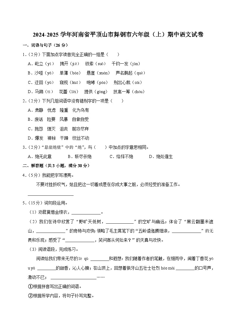 河南省平顶山市舞钢市2024-2025学年六年级上学期期中语文试卷第1页