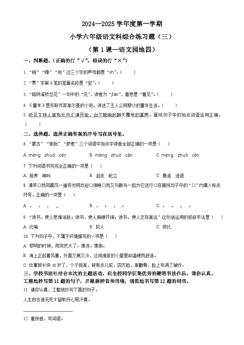 精品解析：2024-2025学年海南省海口市统编版六年级上册期中考试语文试卷（原卷版）-A4第1页