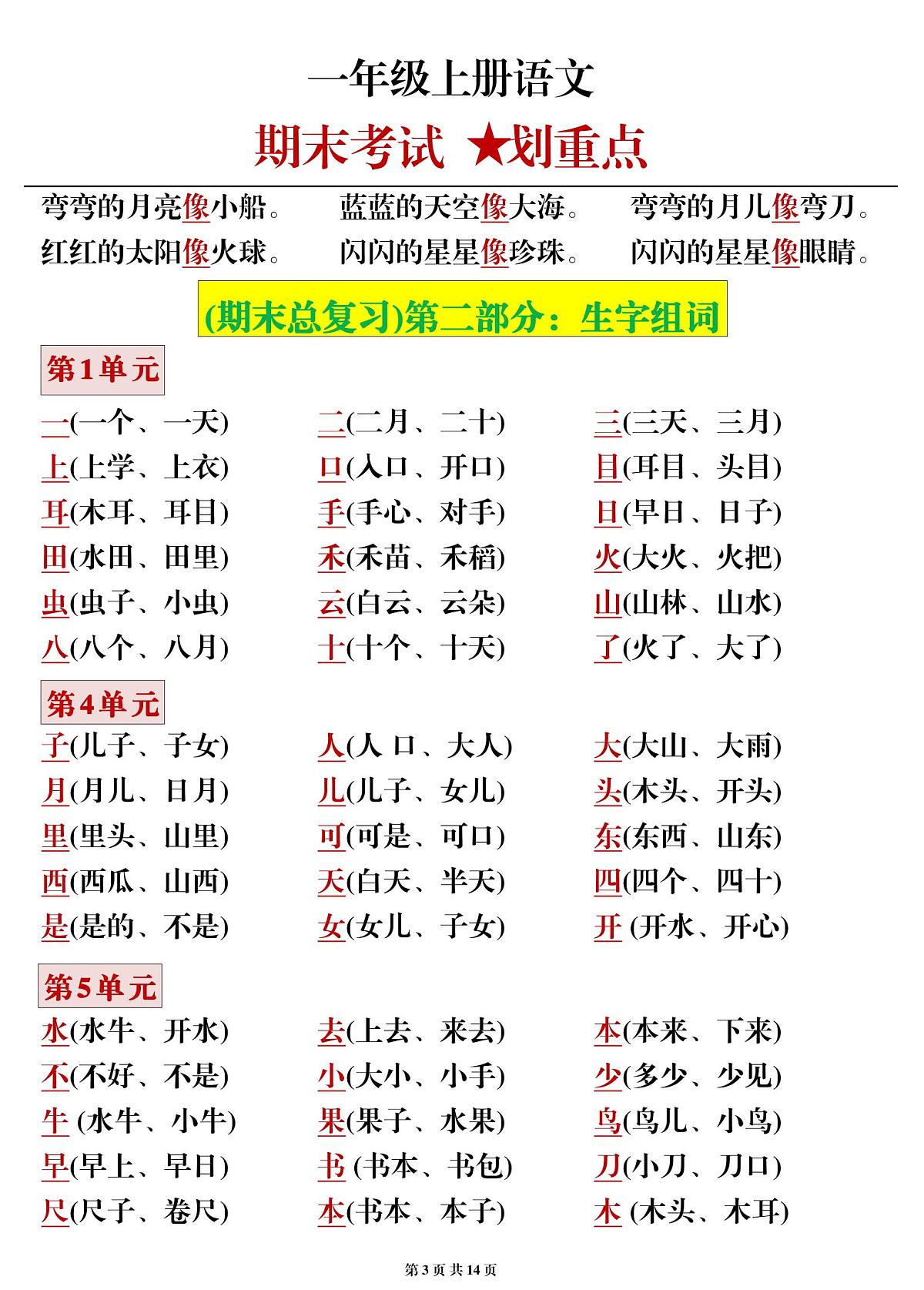 一（上）语文期末考试划重点第3页