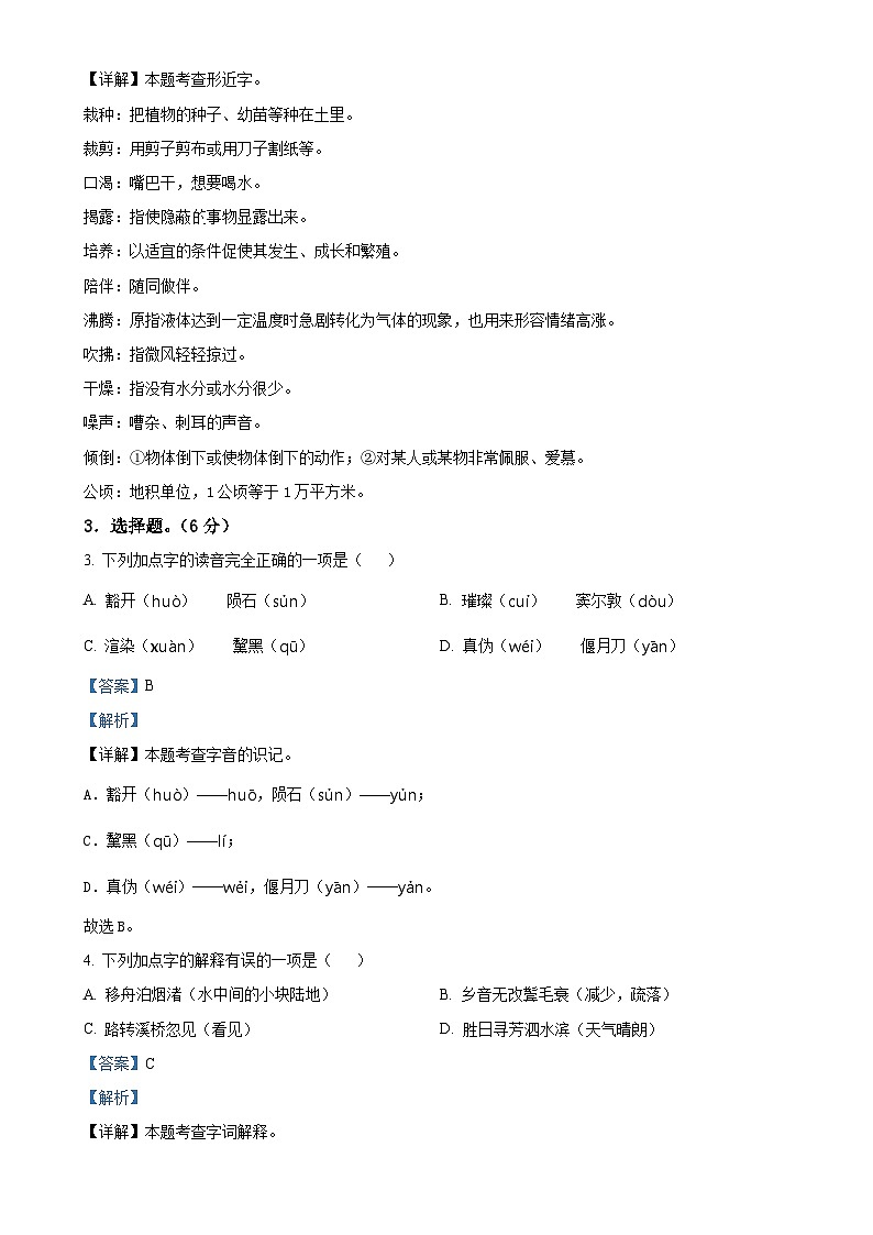 2024-2025学年安徽省六安市霍邱县统编版六年级上册期中考试语文试卷（解析版）-A4第2页