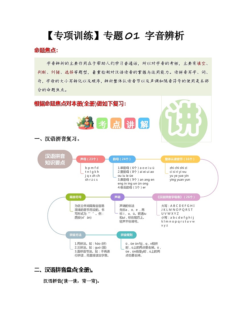 专题+01+字音辨析（专项训练）-2024-2025学年一年级语文上学期期末复习讲练考（统编版·2024秋）第1页