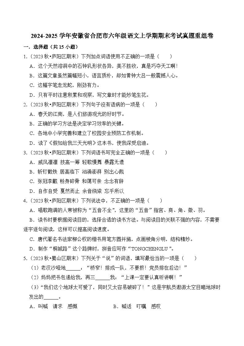 2024-2025学年安徽省合肥市六年级语文上学期期末考试真题重组卷（统编版）第1页