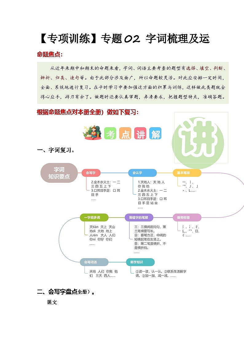 （统编版·2024秋）小学语文一年级上册 专题 02 字词梳理及运用（专项训练）第1页
