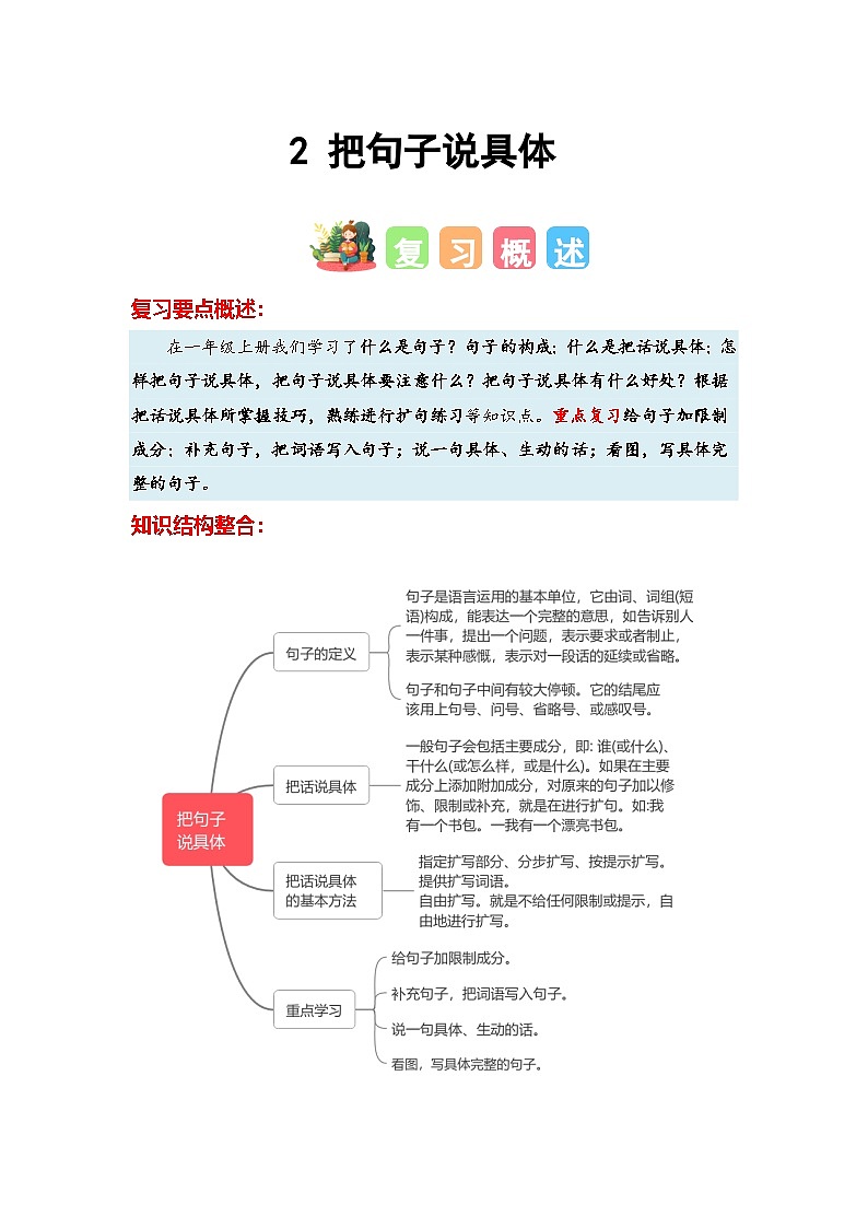 练习2把句子说具体-【寒假衔接提升】小学语文一年级上册寒假专题训练第1页
