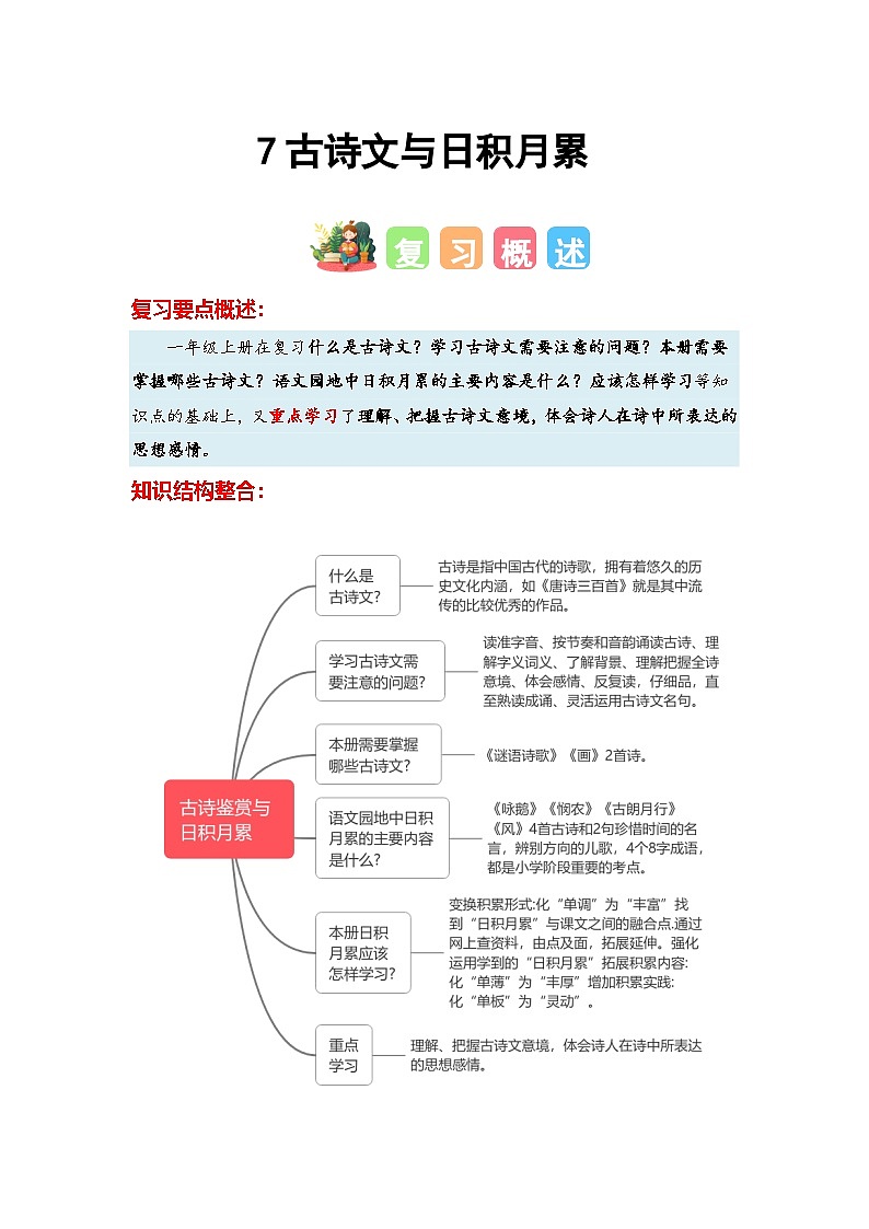练习7古诗文与日积月累-【寒假衔接提升】小学语文一年级上册寒假专题训练第1页