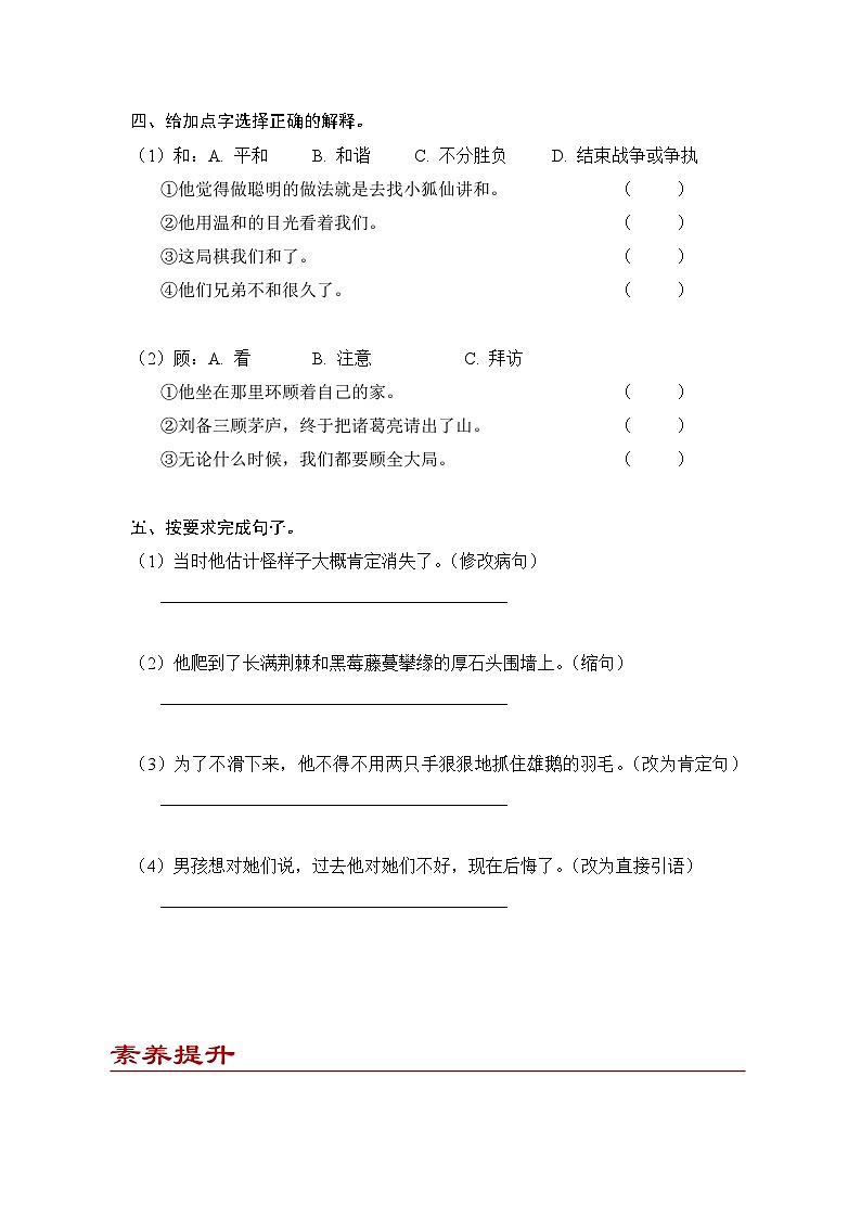 小学语文六年级下册部编版 第二单元第六课 骑鹅旅行记（节选）(练习题）第2页