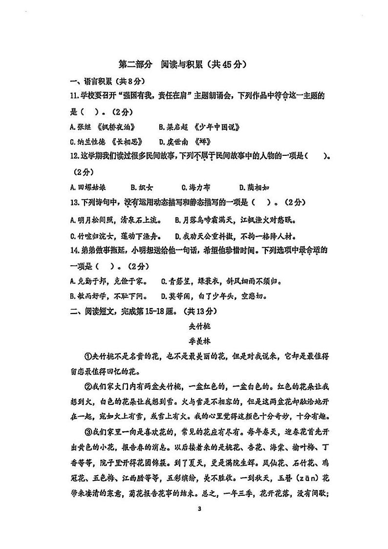北京市朝阳区2024-2025学年五年级上学期期末考试语文试题第3页