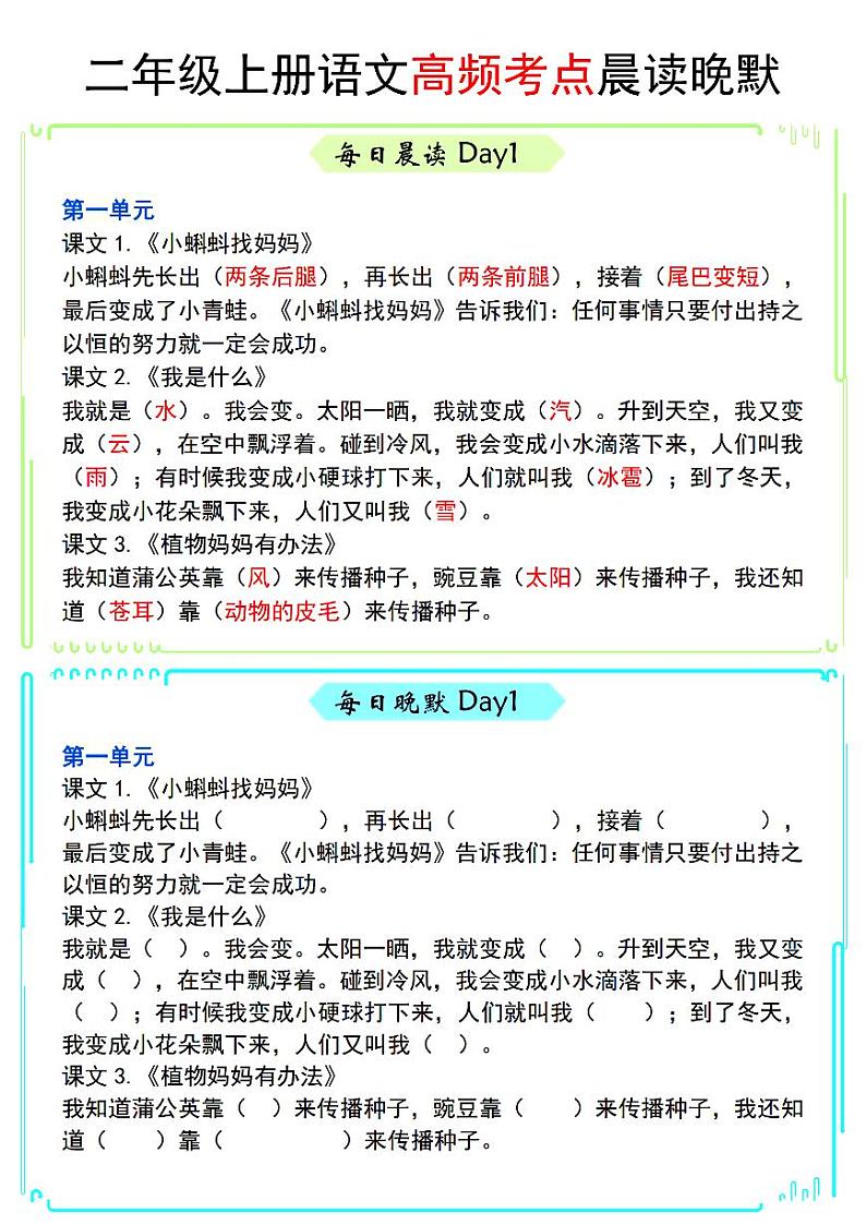 2024-2025二年级上册语文期末复习专项练习高频考点晨读晚默第1页