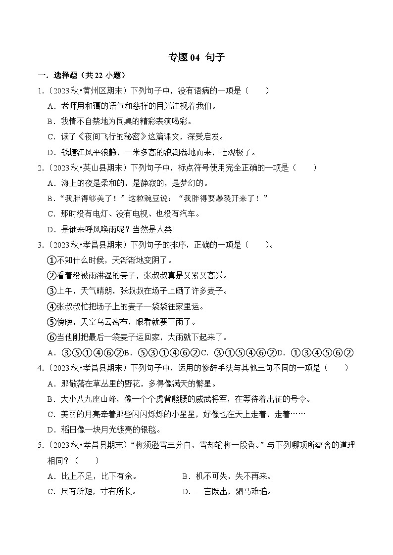 专题04 句子-2024-2025学年四年级语文上学期期末备考真题分类汇编（湖北专版）第1页