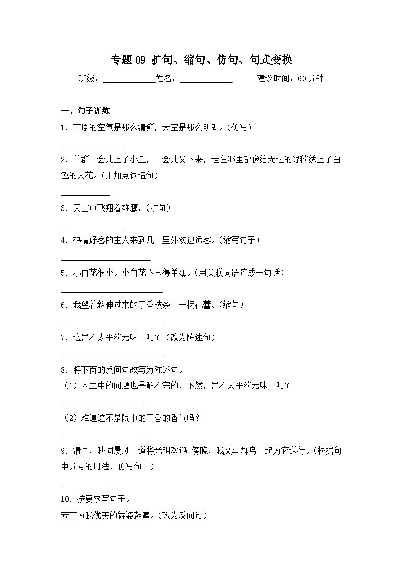 专题09 扩句、缩句、仿句、句式变换-2024-2025学年语文六年级上学期期末专项练习 统编版第1页