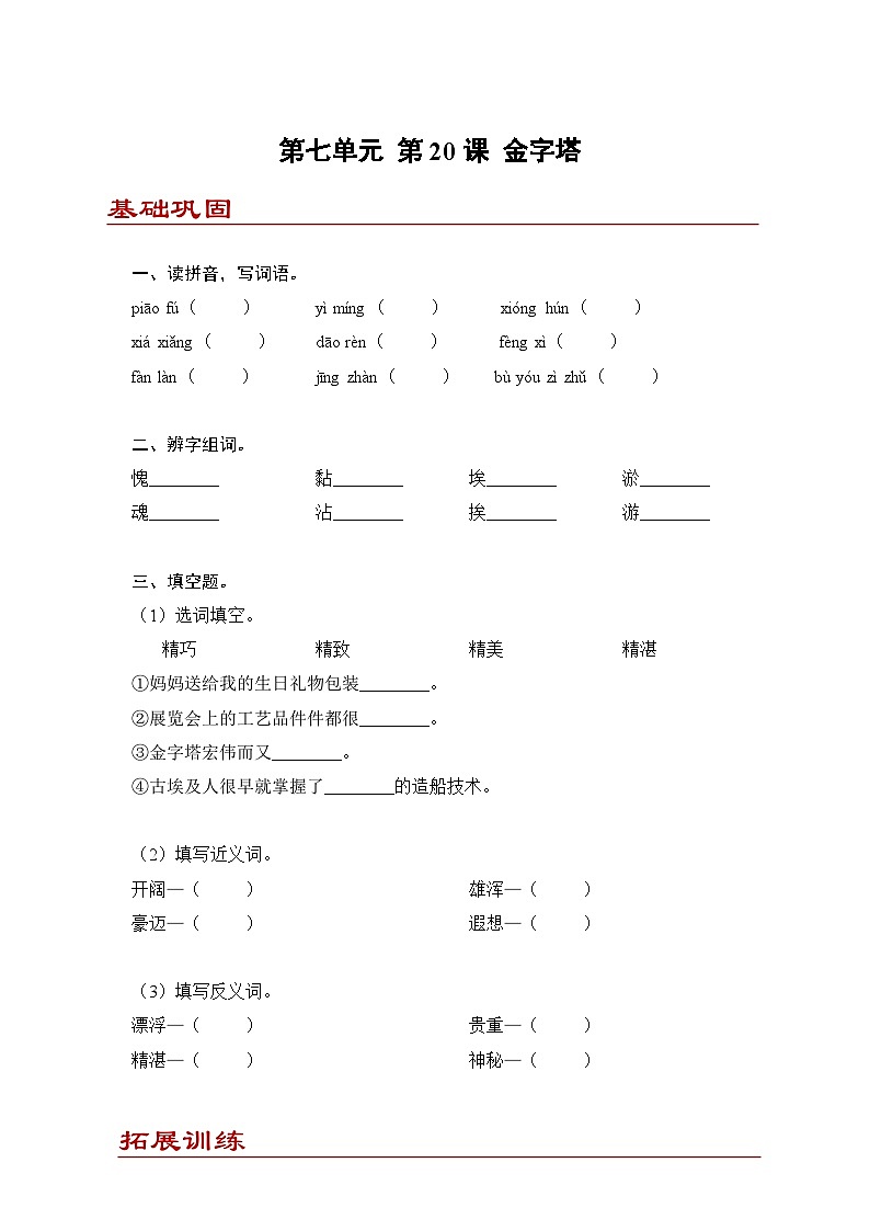 小学语文五年级下册部编版 第七单元第二十课 金字塔（同步练）第1页