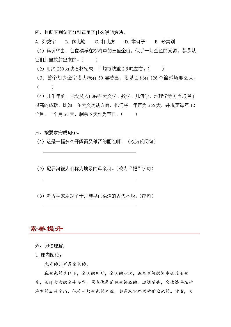 小学语文五年级下册部编版 第七单元第二十课 金字塔（同步练）第2页