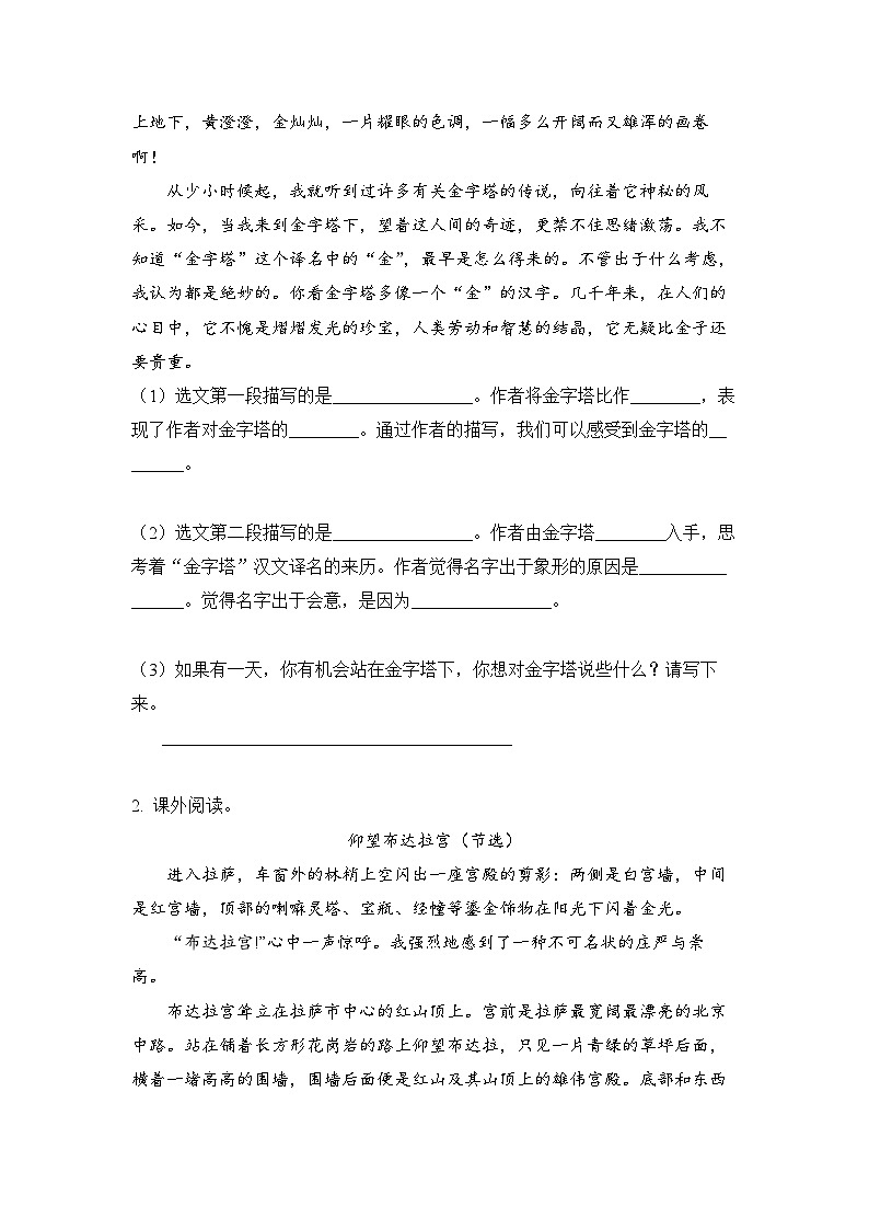 小学语文五年级下册部编版 第七单元第二十课 金字塔（同步练）第3页