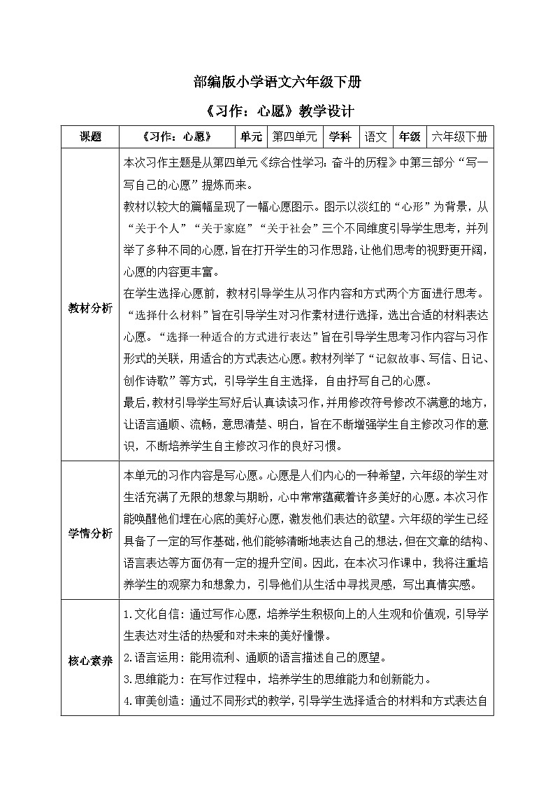 【核心素养】部编版小学语文六年级下册第四单元习作《心愿》第一课时 教学设计（含教学反思）第1页