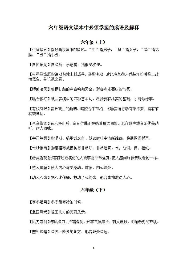 部编版六年级语文课本中必须掌握的成语知识点及解释第1页