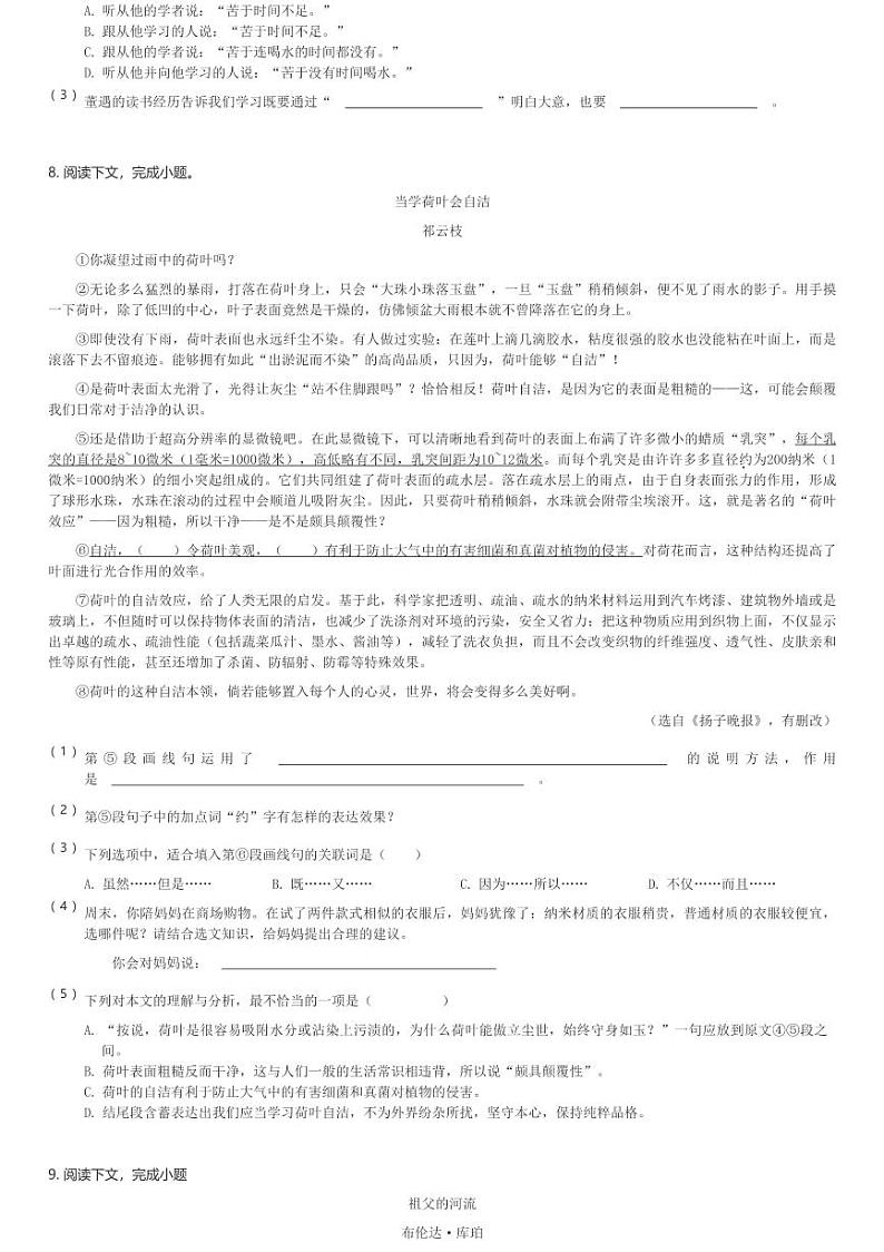 2024～2025学年上海黄浦区六年级(上)期中语文试卷(五四学制)(含解析)第2页