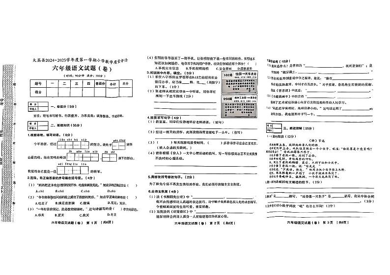 陕西省渭南市大荔县2024—2025学年六年级上学期期末语文试题第1页