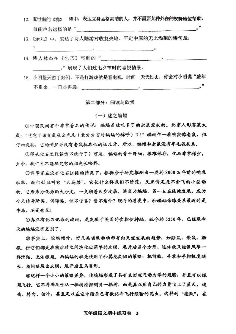 福建省龙岩市第二实验小学教育组团2023-2024学年五年级上学期期中语文试题第3页