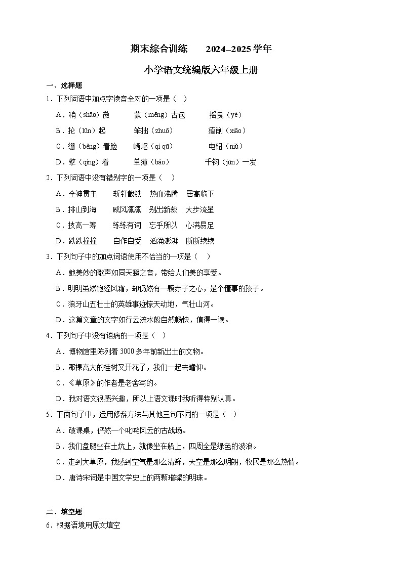 期末综合训练    2024--2025学年小学语文统编版六年级上册第1页