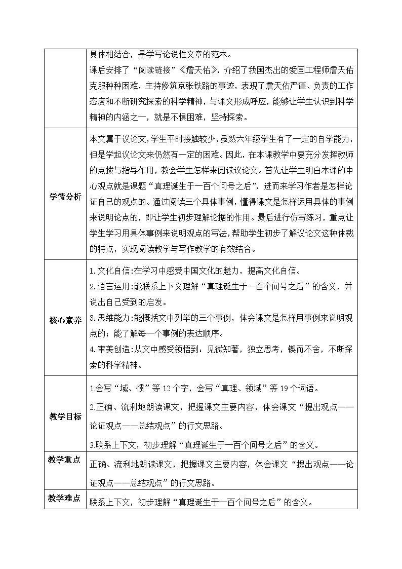【核心素养】部编版小学语文六年级下册15《真理诞生于一百个问号之后》第一课时 教学设计（含教学反思）第2页