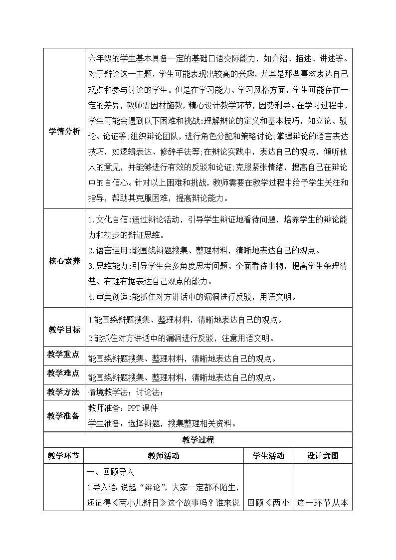 【核心素养】部编版小学语文六年级下册第五单元口语交际《辩论》 教学设计（含教学反思）第2页