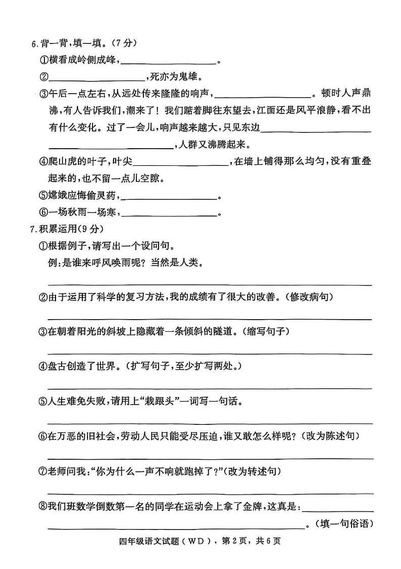 河北省保定市望都县2024-2025学年四年级上学期期末语文试题第2页