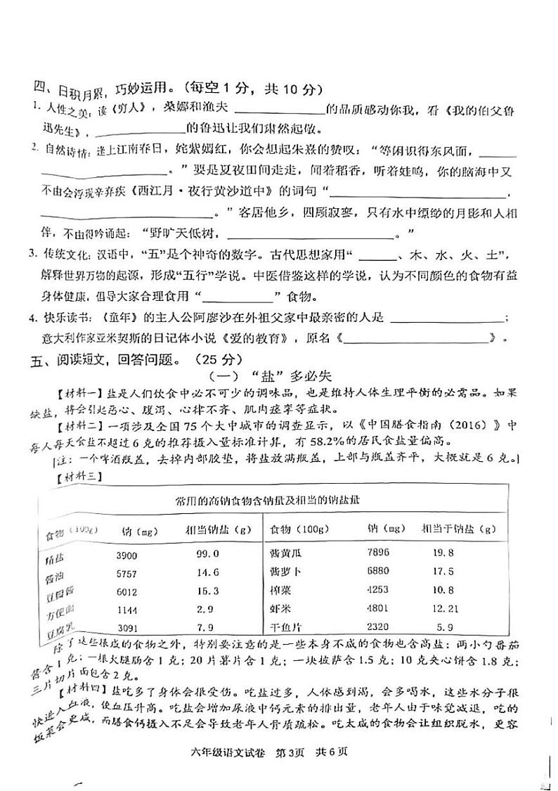 湖南省益阳市沅江市2024-2025学年六年级上学期1月期末语文试题第3页