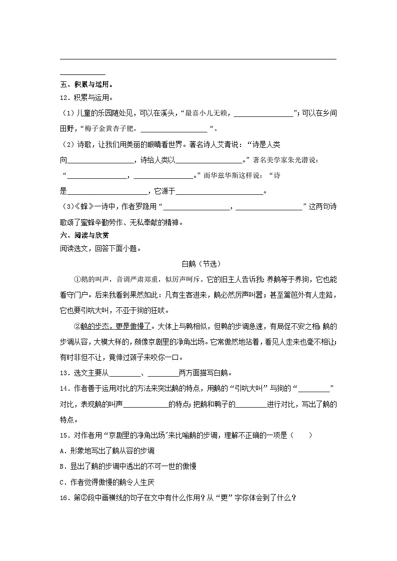 2022-2023学年山东省济宁市四年级下学期期中语文真题及答案第3页