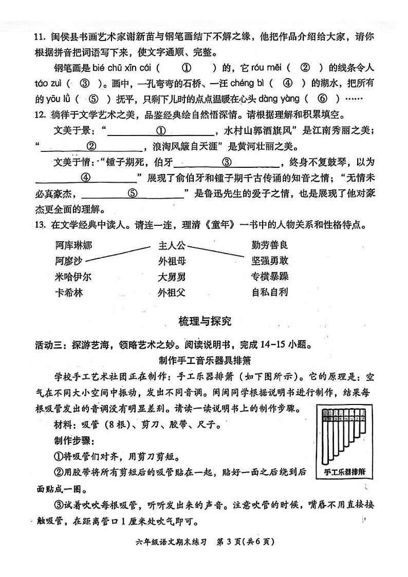福建省福州市闽侯县2024-2025学年六年级上学期期末考试语文试题第3页