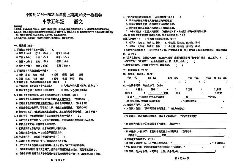 四川省凉山彝族自治州宁南县2024-2025学年五年级上学期期末考试语文试题第1页