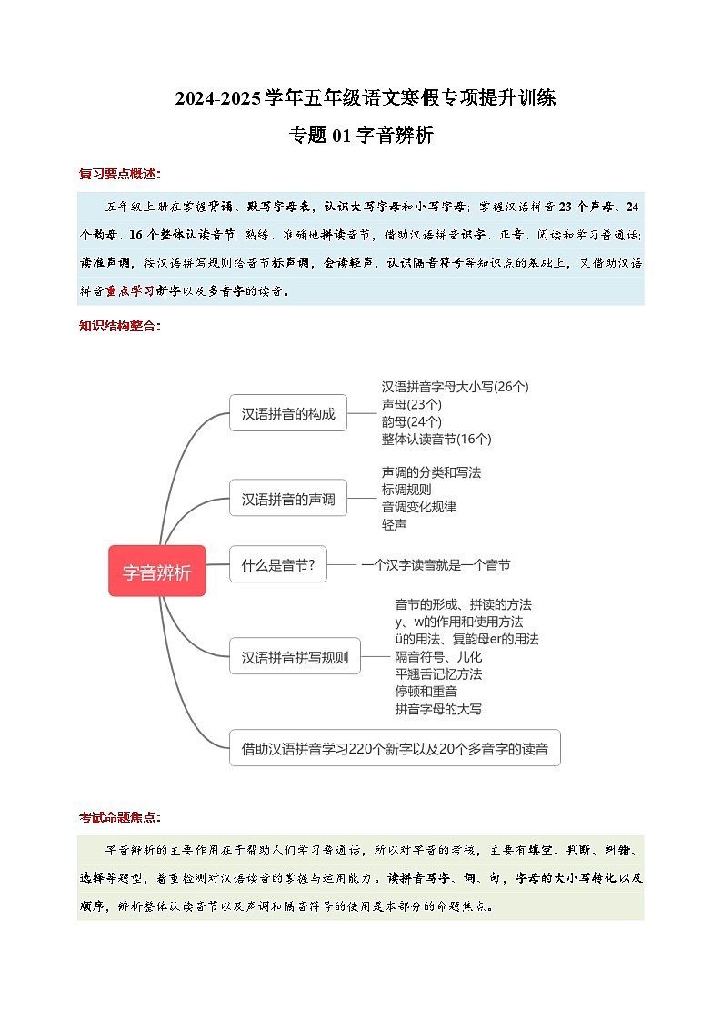 专题01字音辨析-2024-2025学年五年级语文寒假专项提升训练（统编版）第1页
