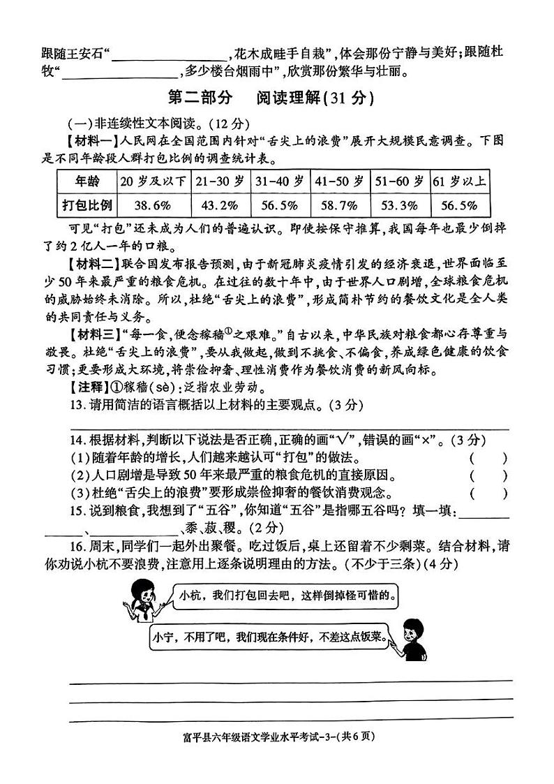 陕西渭南市富平县2024-2025学年度第一学期期末质量测试六年级语文试卷第3页