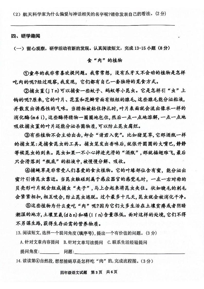 江苏省宿迁市宿城区2024-2025学年四年级上学期1月期末语文试题第3页