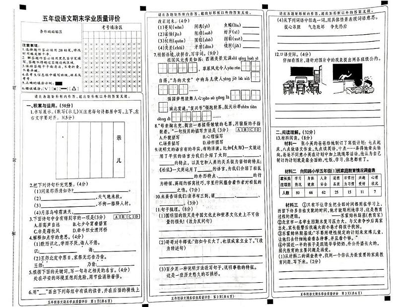 河北省巨鹿县西片区联考2024-2025学年五年级上学期1月期末语文试题第1页