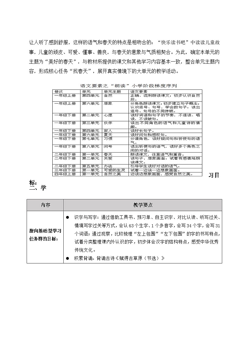 【单元导读】部编版二年级下册第一单元大单元教学设计第2页
