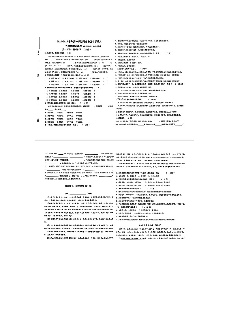 江苏省南京市雨花区2024-2025学年六年级上学期期末语文试题第1页